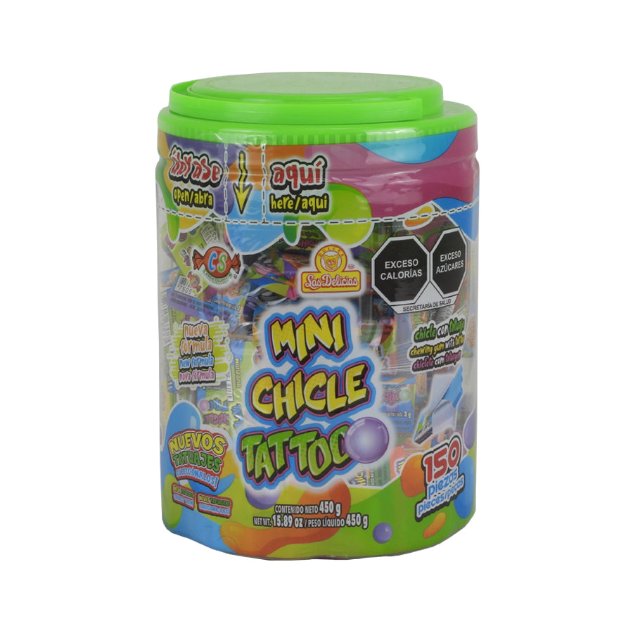 GOMA DE MASCAR MINI CHICLE TATTOO LAS DELICIAS VITRO 150 PZAS