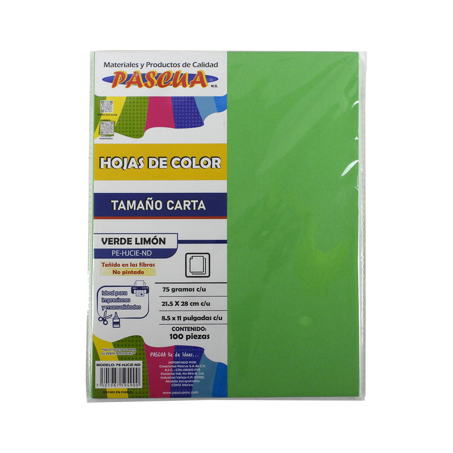 PAPEL BOND PASCUA CARTA COLOR 100 HOJAS