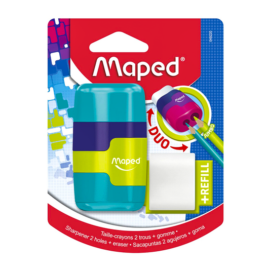 SACAPUNTAS MAPED DUO 2 ORIFICIOS CON DEPOSITO Y BORRADOR 1 PIEZA