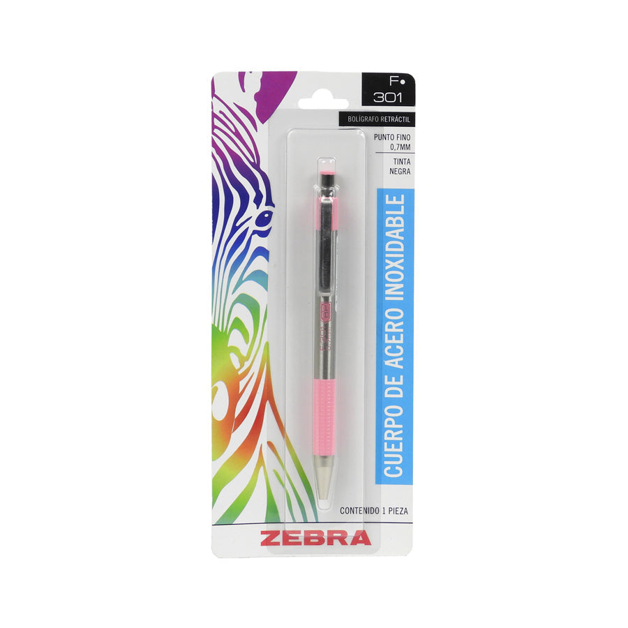 BOLIGRAFO ZEBRA F301 BARRIL ROSA PUNTO FINO NEGRO 1 PIEZA