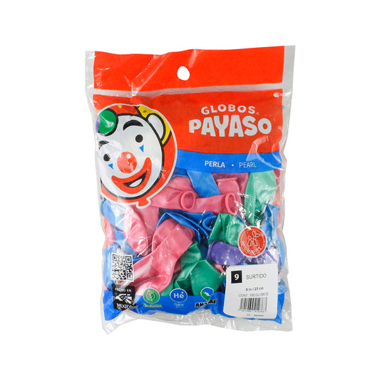 GLOBO PAYASO METALICO PERLA N9 SURTIDO C100 PZAS