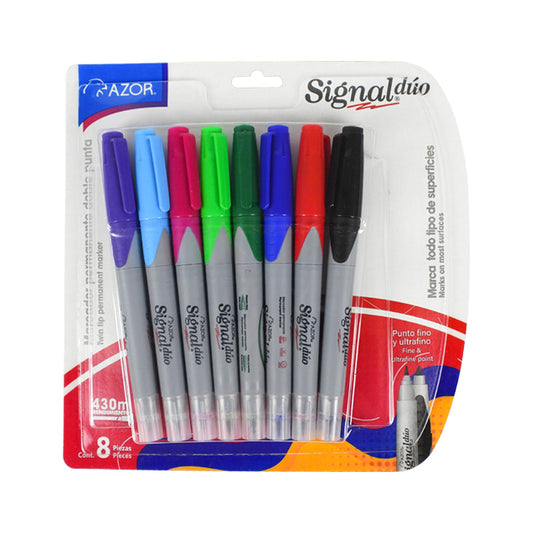 MARCADOR PERMANENTE AZOR SIGNAL DUO COLORES SURTIDOS C8 PIEZAS