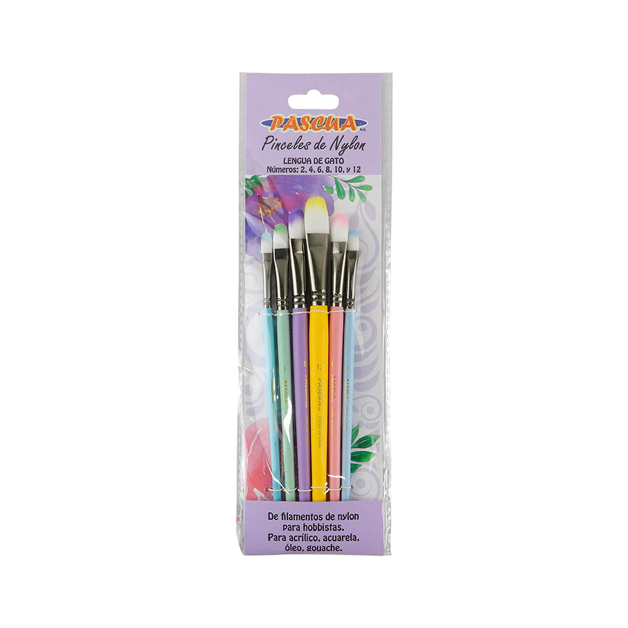 PINCELES DE NYLON PASCUA LENGUA DE GATO PASTEL C6 PZAS