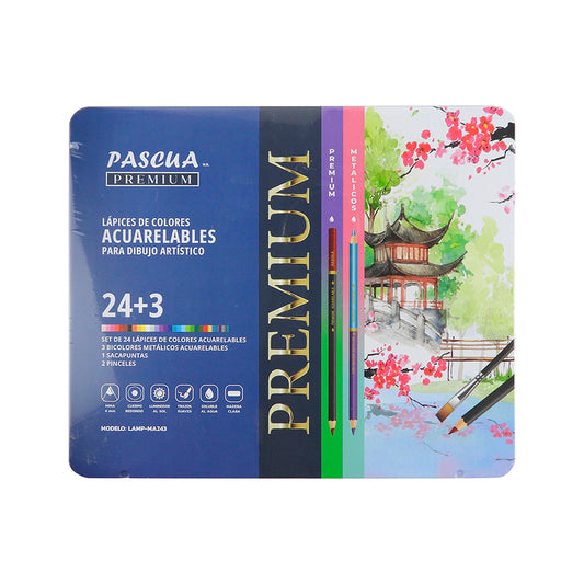 LAPICES DE COLORES R 24 + 3 L PASCUA ACUARELABLES PREMIUM ESTUCHE METAL