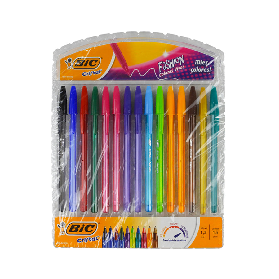 BOLIGRAFO BIC CRISTAL FASHION PUNTO GRUESO EXHIBIDOR SURTIDO 15 PIEZAS