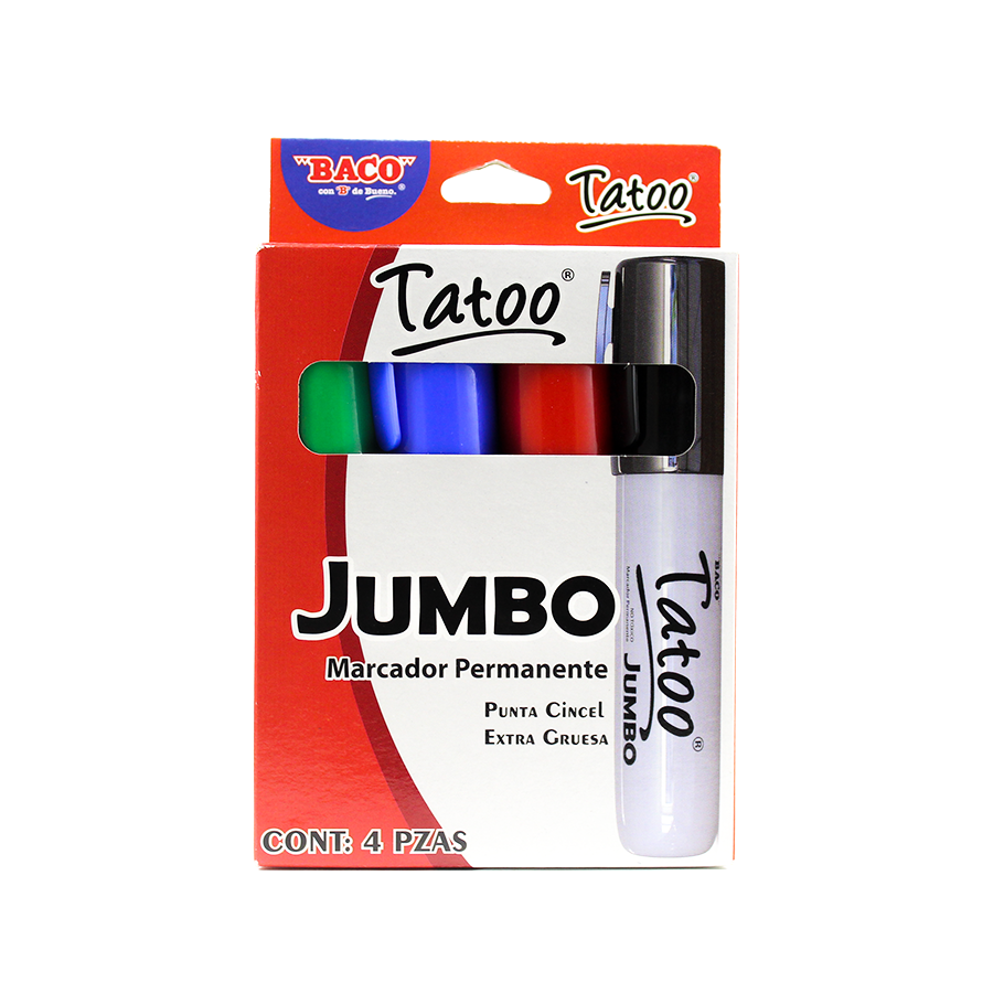 MARCADOR PERMANENTE BACO TATOO JUMBO PUNTO GRUESO SURTIDO 4 PIEZAS