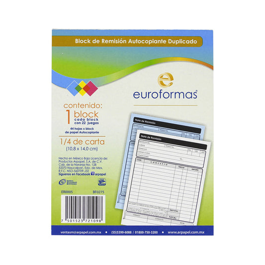 BLOCK DE REMISION EUROFORMAS 1/4 CARTA AUTOCOPIANTE 10.8CM X 14CM 22 JUEGOS ER0005