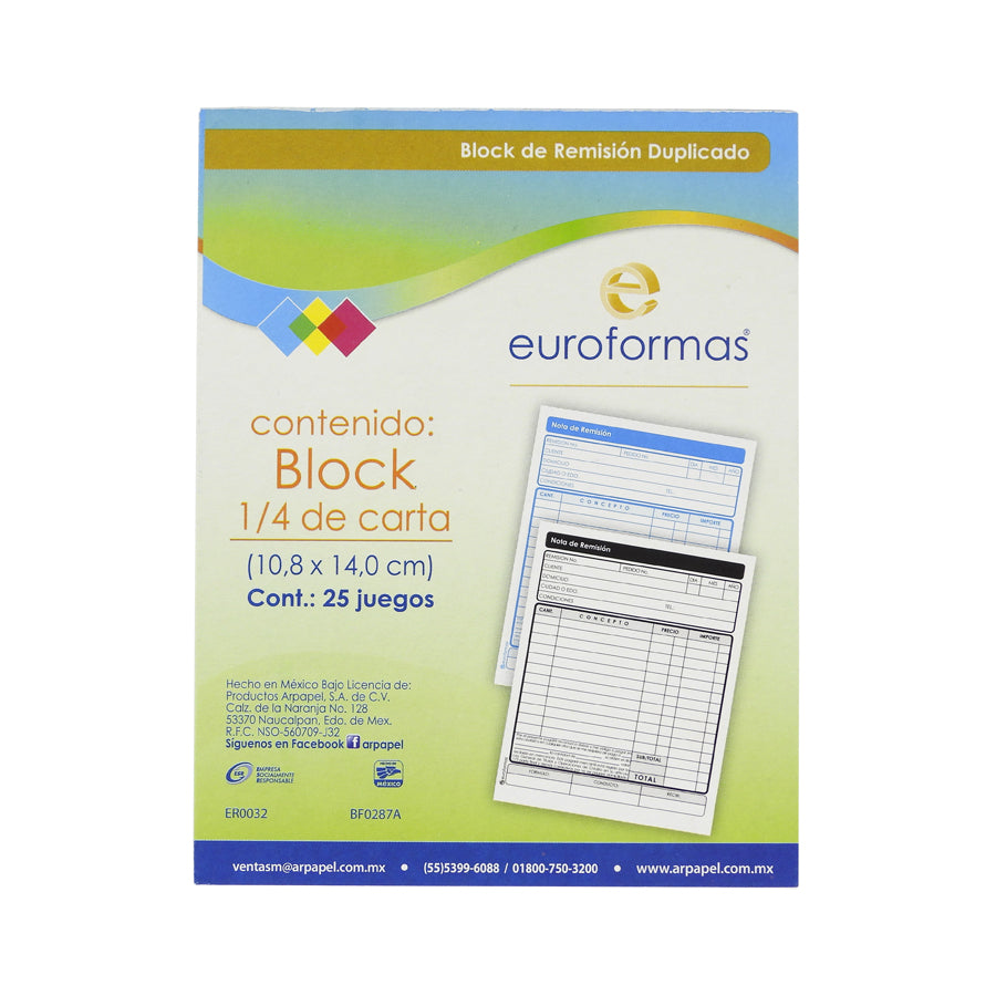 BLOCK DE REMISION EUROFORMAS 1/4 CARTA DUPLICADO 10.8CM X 14CM 25 JUEGOS ER0127