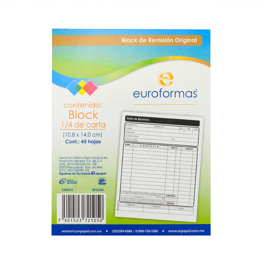 BLOCK DE REMISION EUROFORMAS 1/4 CARTA ORIGINAL 10.8CM X 14CM 45 HOJAS ER0128