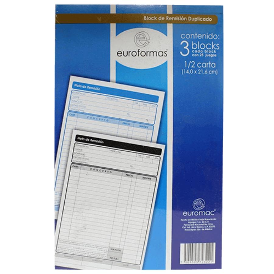 BLOCK DE REMISION EUROFORMAS 1/2 CARTA DUPICADO 14CM X 21.6CM 25 JUEGOS ER0129