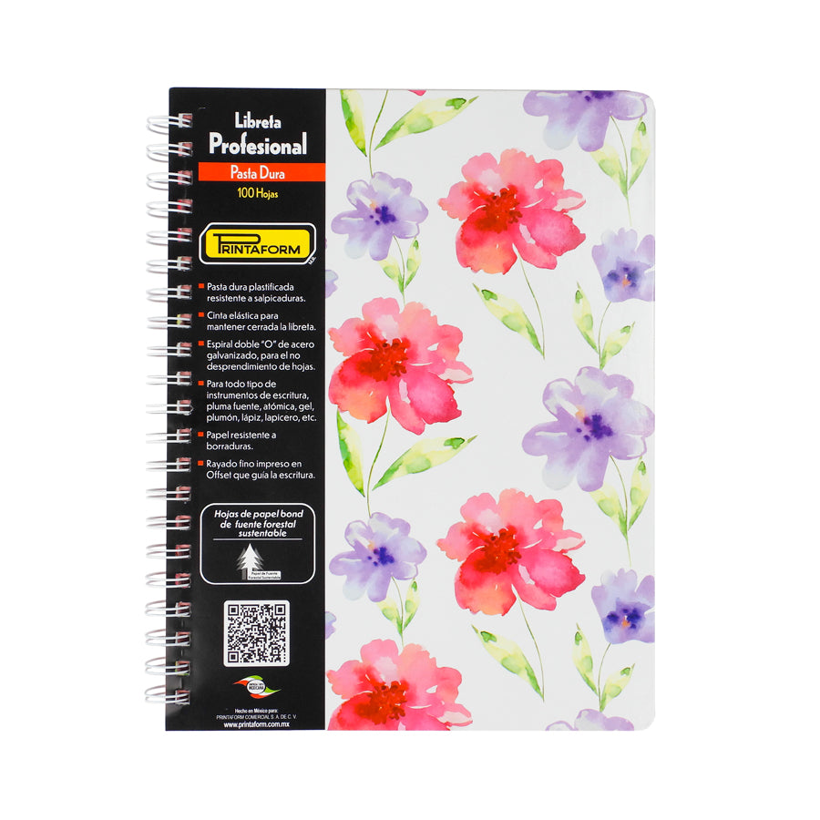 CUADERNO PROFESIONAL PRINTAFORM PD FLORAL PASTA DURA DOBLE ARILLO CUADRO GRANDE 100 HOJAS