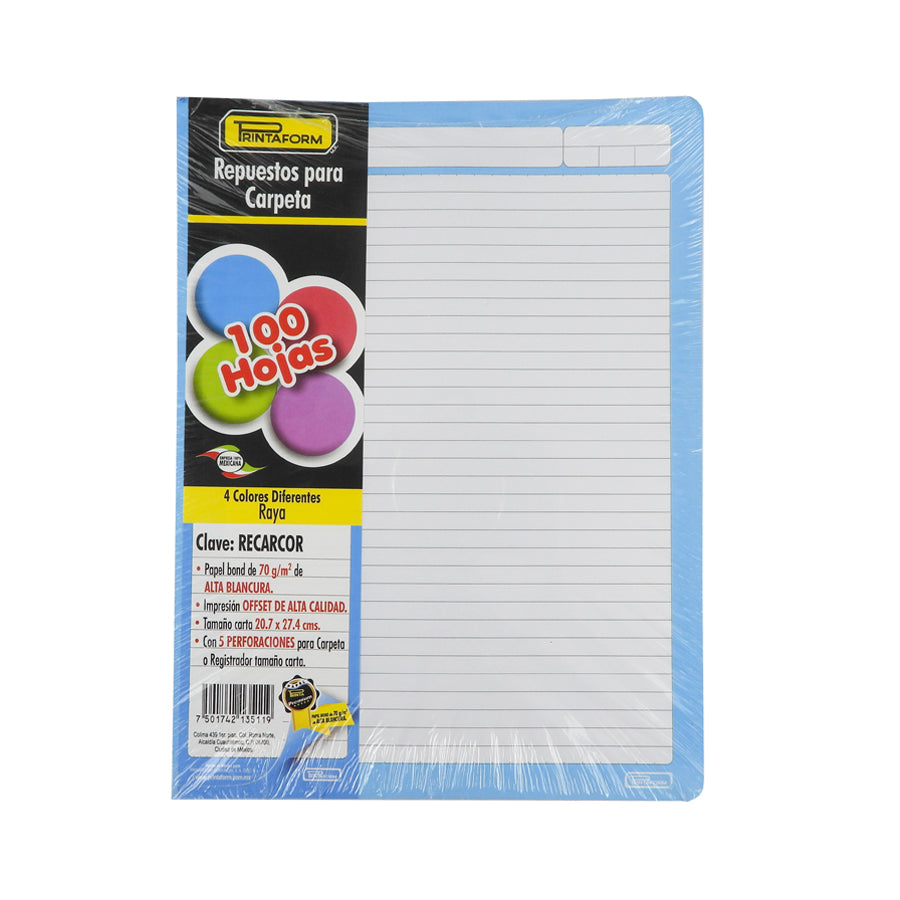 REPUESTO PARA CARPETA PRINTAFORM PREMIUM 5 COLORES CARTA RAYAS 100 HOJAS