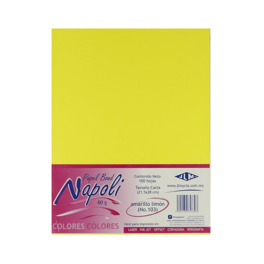 PAPEL BOND NAPOLI CARTA COLOR 100 HOJAS