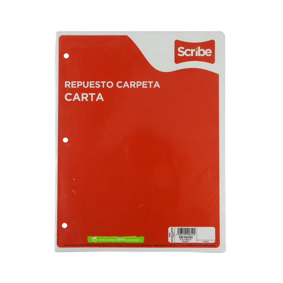 REPUESTO PARA CARPETA SCRIBE CARTA CARTA BLANCO 100 HOJAS