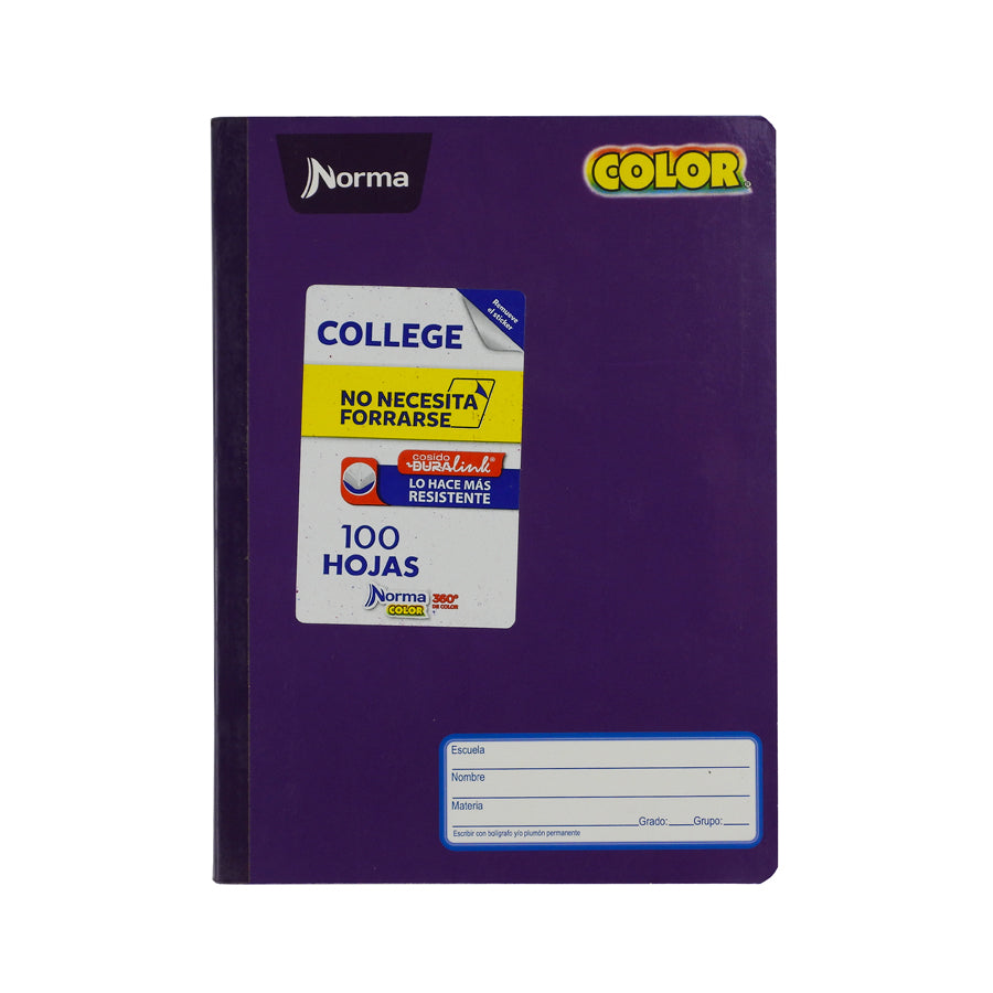 CUADERNO COLEGIAL NORMA COLOR 360 COSIDO 100 HOJAS